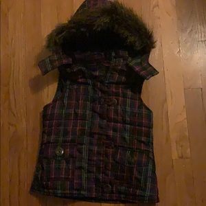 Gap navy plaid vest with fur hood 6/7
